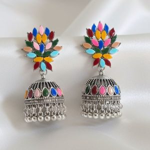 Colorful Floral Jhumka Earrings – Oxidized Silver