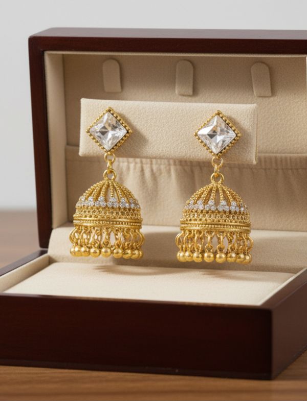 Elegant Gold-Tone Crystal Jhumka Earrings