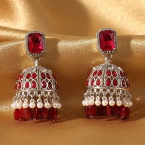 Elegant Red & Silver Jhumka Earrings