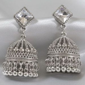 Elegant Sliver-Tone Crystal Jhumka Earrings