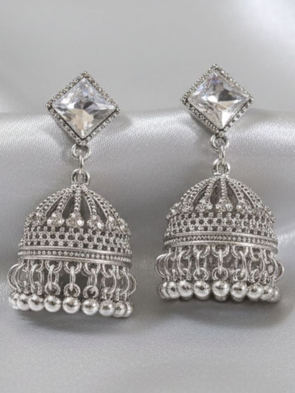 Elegant Sliver-Tone Crystal Jhumka Earrings