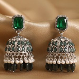 Emerald Green Stone & Pearl Jhumka Earring