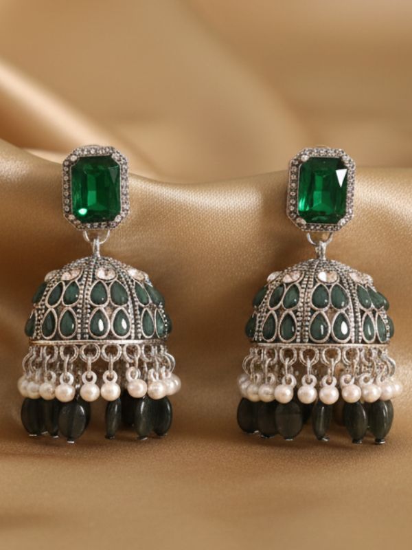 Emerald Green Stone & Pearl Jhumka Earring