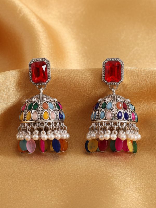 Multicolour Stone & Pearl Jhumka Earrings